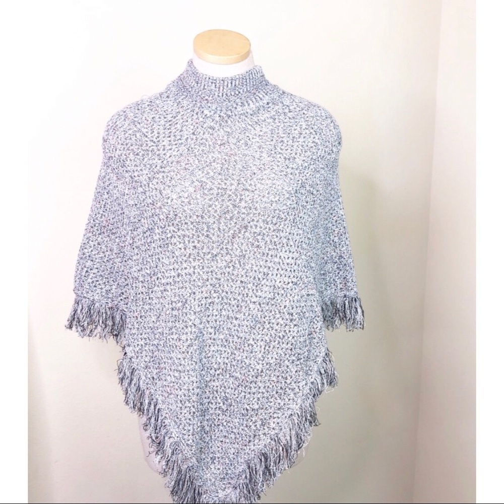 Vintage Gray Marled Knit Mock Neck Fringe Poncho